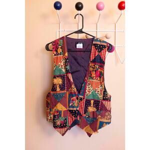Vintage Patchwork Fall Vest – Quilted Harvest Print Waistcoat by HLN, Size Small